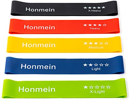 Honmein Fasce di resistenza per allenamento, fasce di allenamento con 5 livelli di resistenza, adatte per fitness a casa, allenamento di forza, nastro di resistenza in lattice naturale con manuale di