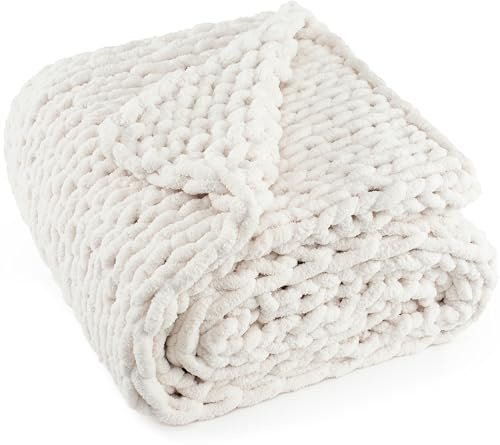 LONG CREATE Chunky stickad filt 127 cm x 152 cm, 100% handgjord med mjukt Chenille-garn, 2 kg tjocka kabelstickade filtar, stor repknut virkad filt för bäddsoffa heminredning, krämvit