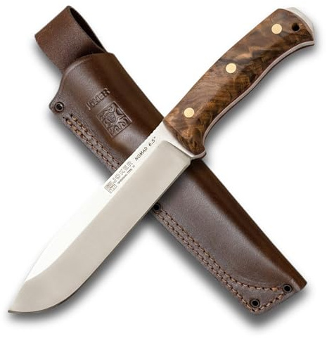 Joker Cuchillo de Supervivencia Nomad 6.5  CN137, mango Madera de nogal, hoja de 16,5 cms, funda piel mmaron, Herramienta de pesca, caza, camping y senderismo.