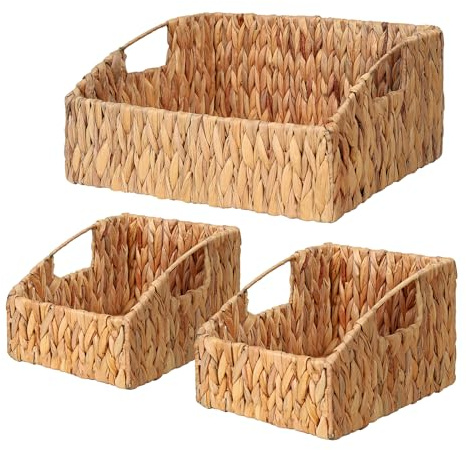 Ollieroo Rattan Storage Baskets, Handwoven Wicker Storage Bins with Built-in Handles, Storage Container Baskets for Shelves, Bedroom, Bathroom, Laundry Room or Kitchen(Natural)