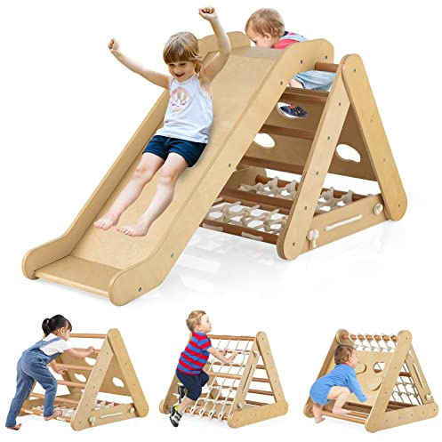 GYMAX 3 in 1 Scala di Arrampicata per Bambini, con Rete di Arrampicata, Tavola e Scala di Arrampicata e Scivolo, Struttura a Triangolo in Legno per Uso Interno (Naturale)