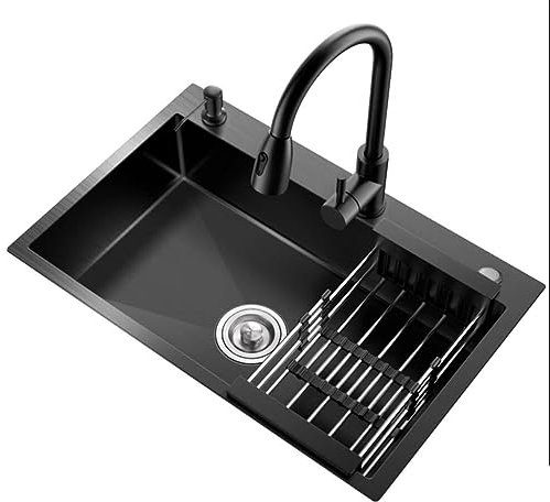 CIRONI Küche Multi-Size-Küchen-Gemüsewaschbecken mit Abtropfkorb Edelstahl-Siphon-Spülbecken Bar-Wasserpool Eingebaute Über- und Unterbauwaschbecken Spülbecken (Farbe: Schwarzer Stahl, SI