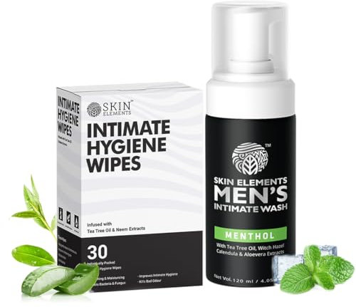 Skin Elements Intimate Hygiene Combo | Intimate Wash Men 120 ml With Menthol + Intimate Wipes 30 Individual Sachets With Tea Tree & Neem Extracts-Ph Balanced Foaming Wash | Prevents Irritation & Odor