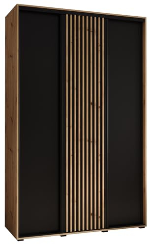 ABIKSMEBLE Sapporo 1 Armoire Moderne à Trois Portes Coulissantes avec Barre, Étagères - Armoire de Rangement pour Chambre, Salon - 205,2x160x45 cm - Artisan Noir Artisan