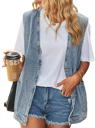 MINTLIMIT Women's Denim Vest Distressed Sleeveless Button V Neck Jean Jacket Casual Oversized Denim Waistcoat with Pockets, Blue, Small