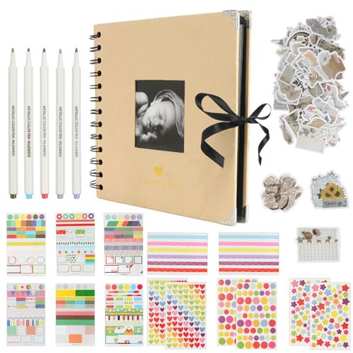 Álbum de fotos para personalizar, juego de 60 páginas, 5 rotuladores metálicos, cinta de seda negra para niños, bebé, aniversario de boda