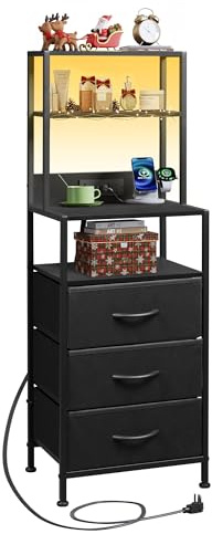 WLIVE Tall Nightstand with Charging Station, LED Night Stand with 3 Fabric Drawers and Storage Open Shelves, Bedroom Nightstand table, Bed Side Table for Living Room, Black