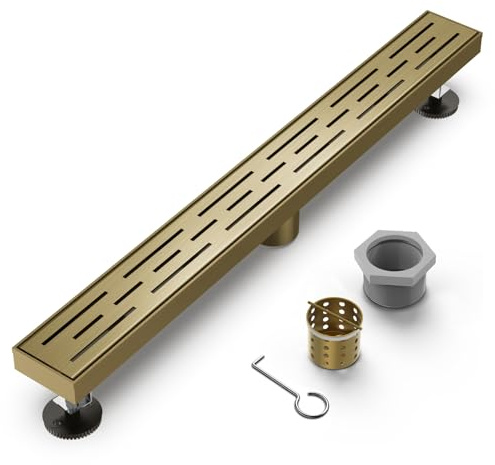HTOH Brushed Titanium Gold Shower Drain 24 Inch, 304 Stainless Steel Linear Shower Drain with Removable Brick Pattern Grate - Adjustable Rectangular Shower Floor Drain with Hair Strainer, Linear Drain
