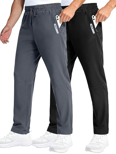 Vandringsbyxor för män lätta vattentäta träningsbyxor innersöm 30/32 tum utomhus vandringsbyxor med blixtlåsfickor, 2-pack: svart/grå, S