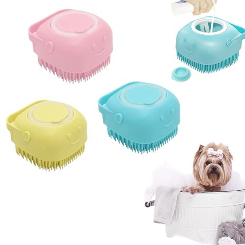 Silikon-Haustierbürste mit Shampoo-Spender,Haustier Massagebürste,Shampoo Bürste Bubble Brush für Baden, 3 Farben, Weiche Borsten für Hunde und Katzen, Rutschfester Griff