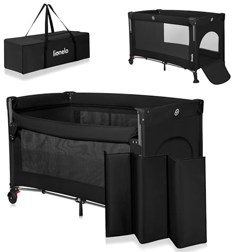 Lionelo Ellen 3 in 1 Reisebett von 0 bis 3 Jahren, Beistellbett für Neugeborene und ältere Kinder bis 15 kg, 2 Matratzenhöhen, Befestigungsgurte, seitlicher Reißverschluss, 2 Rollen, Tasche