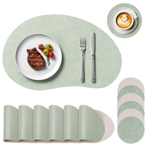 Snorthy Set di 6 tovagliette e sottobicchieri, grandi sottobicchieri in ecopelle e tovagliette per la tavola resistenti al calore, impermeabili e lavabili per la casa (32 x 50 cm) (Verde+Beige)