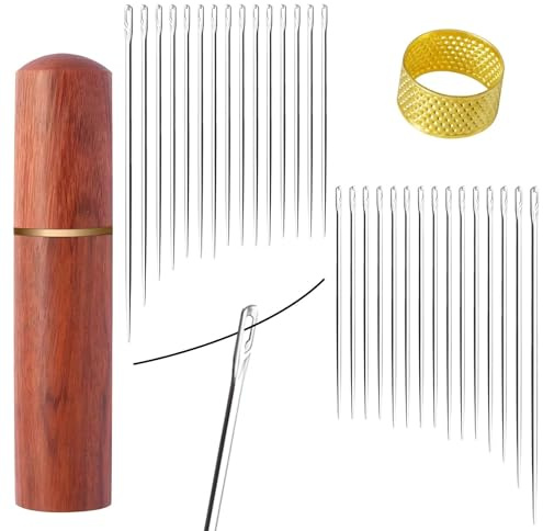 30 Stück Nähen Nadeln Set, Hand Nähen Sticknadeln, Selbst Einfädeln Nähnadeln, mit 1 Birnenholz Spritze und 1 Goldene Spitze, für DIY Stickerei, Silber