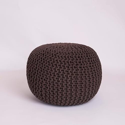 MS LINEN UK Handmade Ottoman Large Knitted Pouffe Footstool - 100% Cotton Chunky Knitted Round Pouffes For Living Room - Suitable For Resting Feet, Occasional Seating & Decor (Brown)
