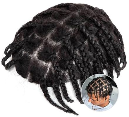 Für Männer Braids Hair Herren-Toupet, Echthaar-System, 0,1–0,12 mm, Injektionshaut, gehäkelt, geflochtenes Herren-Haarteil Perückenkopf