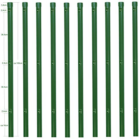 10x Metallzaunpfosten Ø34 mm, 100 cm, Pulverbeschichtet RAL 6005 Moosgrün, inkl. 3 Spanndrahthalter & Pfostenkappe, für Maschendrahtzaun bis 80 cm, Garten, Tiergehege, Zubehör erhältlich