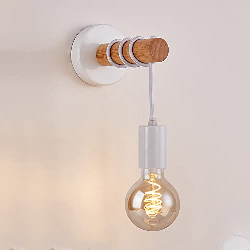 通用 Applique Murale en Fer et Bois, Applique d'Intérieur Douille E27 Design Industriel Vintage, Spot Mural Métal pour Escalier Couloir Café Bar Chambre Hôtel Balcon Cuisine Salle à Manger, blanc
