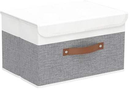 Yawinhe Collapsible Storage Bin, Cube Organizer Basket, Fabric Box with Lids, Washable and Leather Handle, for Home, Closet, White/Grey, 13.0''Lx9.0''Wx7.9''H, 1-Pack, SNK024WGS-1