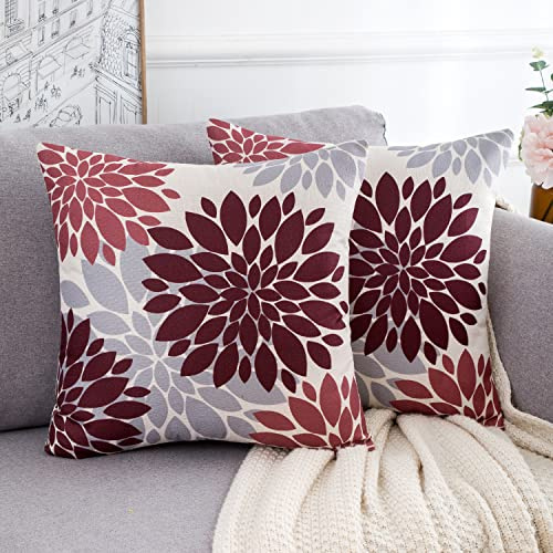 2er Set Kissenbezug 50x50 cm Leinen Outdoor Kissen Dekokissen Rot und Grau Kissenhülle Moderne Elegante Blume Dahlie Geometrisch Blumen Muster Kissenbezüge für Sofa Patio Wohnzimmer