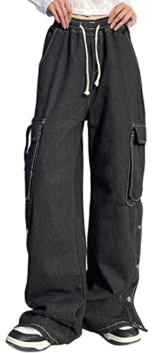 Veryin Baggy Jeans Cargo Byxor för kvinnor Pojkvän Avslappnad Fit Jeans raka ben med fickor last arbetsbyxor med kedja, 127-svart, M