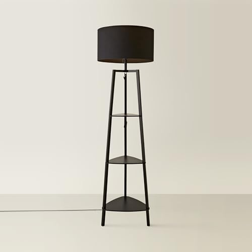 MiniSun | Black Wooden 3 Tier Floor Standard Lamp with Storage Shelves Bedroom Living Room Lounge Light - Black Shade | Floor Lamps & Home Improvements Essential