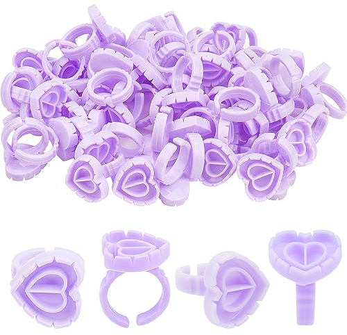 200pcs Disposable Plastic Eyelash Flower Glue Ring Lash Extension Blossom Holder Cup (Heart shape-Purple)