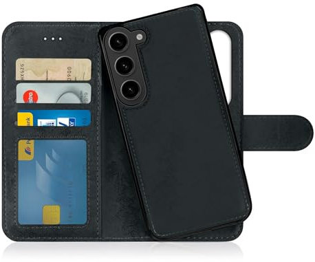 MyGadget Flip-fodral till Samsung Galaxy S24 Plus - [avtagbart magnetfodral] - mobilfodral av konstläder - [flipfodral med kortplats] skyddsfodral i svart