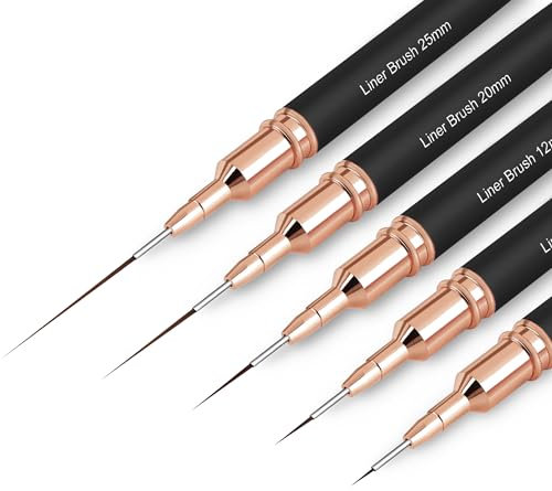 Nail Art Brushes, 5Pcs Nail Art Liner Brushes, Painting Design Brush Set Nail Dotting Drawing Tool for Long Lines, Thin Details, Fine Drawing Sizes 4/8/12/20/25mm, Black