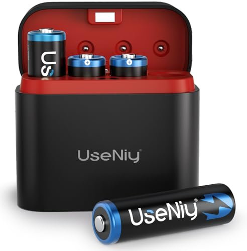 UseNiy Lithium AA Akku mit Ladegerät, wiederaufladbare AA Batterien 4 stück, 3000mWh hohe Kapazität 1.5V, langlebige Lithium Mignon AA Batterien mit integrierter Ladung-Aufbewahrung Box