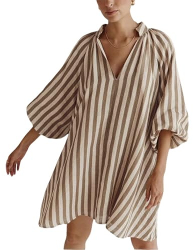 CHARTOU Women Summer Striped Beach Vacation Mini Dress 3/4 Sleeve Boho Chic Outfits Tunic Shift Dress(Small, Khaki)