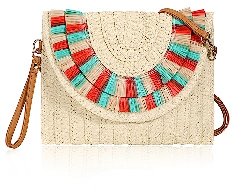 Monedero de Embrague de Paja para Mujer Bolsos de Bandolera Retro Boho Bolso de Playa de Verano Clutch Cartera para Viaje Fiesta Vacación Beige
