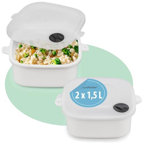 Hausfelder Mikrowellengeschirr Set mit Deckel 1,5 Liter, 2 Stück Mikrowellenschüssel mit Dampfventil, Mikrowellenbehälter BPA-frei weiß, Mikrowellentopf