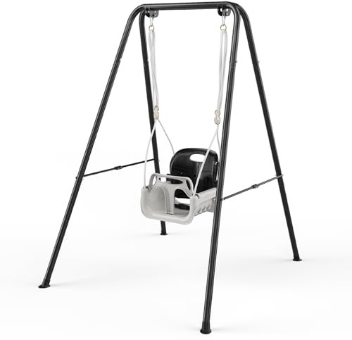 Kinderschaukel Indoor & Outdoor, Multifunktionale schaukel mit GestellKinderschaukel, Babyschaukel Inklusive Faltbarer Metallständer Sicherheitsgurt und Montageset,Swing und Spielen (Black)