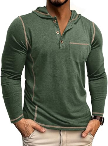YawYews Maglia Maniche Lunghe Uomo Maglietta T Shirt con Cappuccio Tasca Bottoni Slim Fit Casual Tshirt Verde L