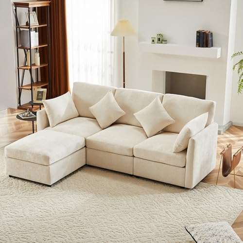 Ligterra ﻿216 * 161Sofa mit Schlaffunktion，L-förmiges Ecksofa mit Fußhocker, Chenille-Stoffsofa, Dreisitzer-Sofa, Viersitzer-Sofa für Wohnungen, Wohnzimmer (Beige)