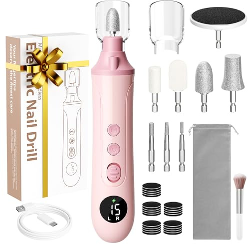 Yomisee Manicure and Pedicure Set, Cordless Electric Nail Files, Nail Drill with 8 Drill Bits, Rechargeable Toenail File for Thick Nails Cuticles Hard Skin Remover (Pink)