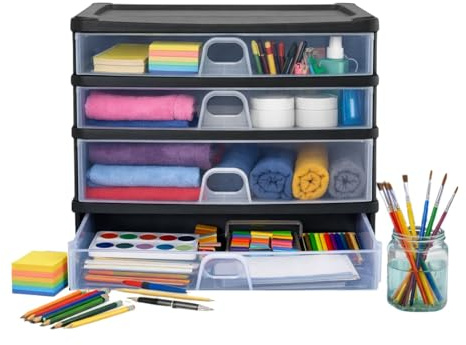 Milena 4 Drawers Plastic Desktop Tower, Slimline Desk Organizer, Stackable 2 Deep 2 Shallow Office Drawers, Recyclable Plastic Storage Unit, Space Saving Medium Stationery Holder for Supplies 37800