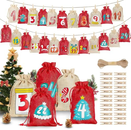 Sacchetti Per Calendario 'Avvento Di Natale, Set Da 24 Giorni, 14x10 Cm, Sacchetti Natalizi Con Cordoncino, Calendario 'Avvento, Riempibili, Uso Versatile, Per Matrimoni, Vacanze, Compleanni,