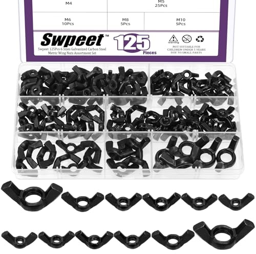 Swpeet 125pcs 6Sizes M3 M4 M5 M6 M8 M10 Metrische schwarze verzinkte Kohlenstoffstahl-Flügelmuttern Schmetterlingsmutter-Kit, Hand-Drehung Straffen Ohr Schmetterlingsmutter