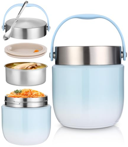 Recipiente térmico para alimentos, 1200 ml, cuenco térmico con tapa, recipiente para calentar de acero inoxidable con cuchara plegable, fiambrera térmica para niños y adultos, ideal para sopas