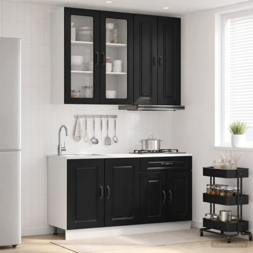 Ezbryzmatic Kalmar Kitchen Unit, 4 Pieces, Black, Chipboard Including Upper Cabinet, Base Cabinet, Storage Space, Pull-Out Drawer, Display Cabinet, Provision for Microwave, Set of 4 for Modern Kitchen