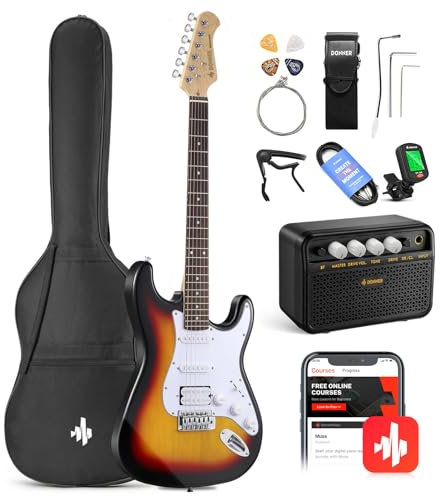 Donner Kit Chitarra elettrica per principianti 39 pollici, pickup S-S-H con amplificatore, borsa, tracolla, corde, accordatore, cavo, plettri, DST100