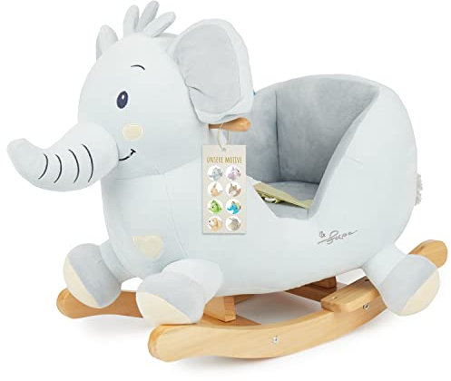 Bieco Plüsch Schaukeltier Elefant Tiko | Kinder Schaukelstuhl m. Sicherheitsgurt | Baby Schaukel | Schaukel Kleinkind | Schaukeltier Baby Zimmer | Baby Schaukelwippe ab 9 Monate | Schaukelpferd Holz