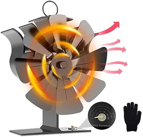 Ventola per Stufa a Legna, Ventola Stufa Legna con 8 Pale, Silenzioso Ventilatore per Camino, Senza Elettricità Alimentato Calore Ventola con Guanti Isolanti, per Legna Camino Pellet