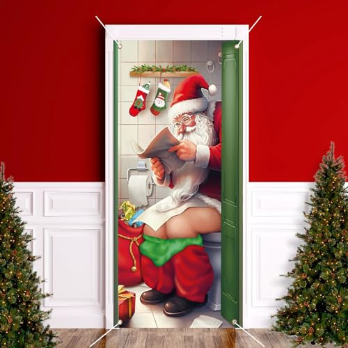 Bannière Porte Noël Couverture Porte Toile de Fond Décoration Suspendue Extérieure Mur Fenêtre Photobooth Accessoire 200cm*90cm (Père Noël aux Toilettes)
