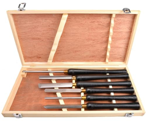 Lathe Chisels Set, 6 Pcs Wood Turning Tools Woodworking Set with High Speed Steel Blade Hardwood Handles with Brass Ferrules & Wooden Case for Storage for Wood Turning Hardwood