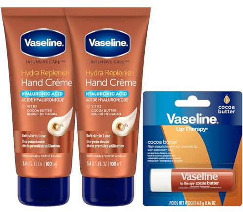 Vaseline Hand Cream 2-Pack – Hydra Replenish Crème with Hyaluronic Acid, Niacinamide & Cocoa Butter for Soft Skin + Cocoa Butter Lip Therapy Tube with Petroleum Jelly