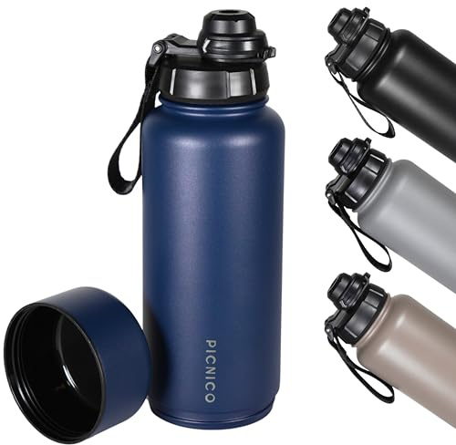 Picnico® - Edelstahl Trinkflasche 1L mit Stauraum (BPA-frei, isoliert, auslaufsicher) Blau - Thermoflasche hält 24h kalt & 12h warm - Wasser- & Sportflasche (950ml + 240ml) Gym, Fitness & Wandern