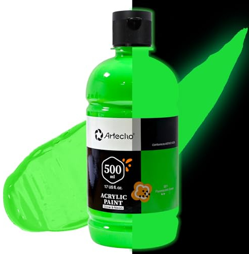 Artecho Acrylfarbe Neon Leuchtgrün 500 ml, Wasserfest und Lichtecht, Schnell Trocknend, Acrylfarbe für Leinwand, Holz, Stoff, Handwerk, Leder und Stein.