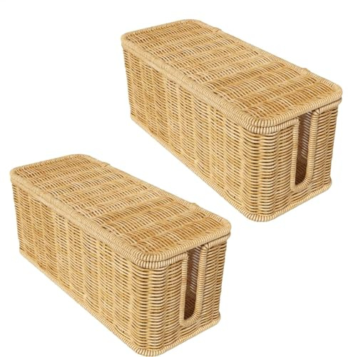 Cable Management Box - 2 Packs Handmade Rattan Cords Hider Box with Lid, 2 Open Slots Under Desk Cord Organizer Box for TV Computer USB HUB to Hides Power Strips and Cords, for Tidy Work Space, Home